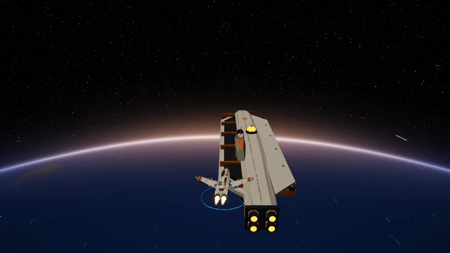 The old carrier rises toward the player's fighter over a glowing planet edge