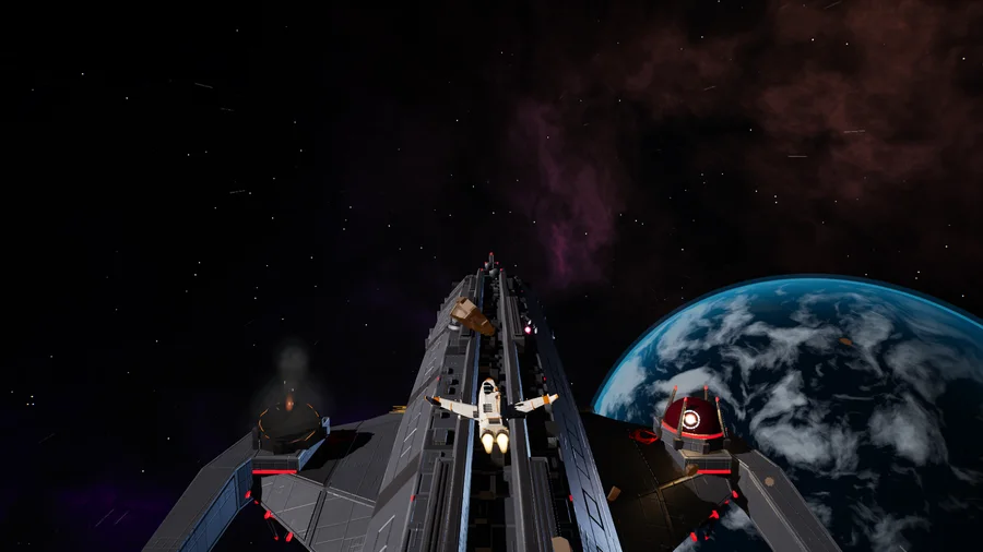 Strike fighter skimming the deck of an enemy warship above a blue planet